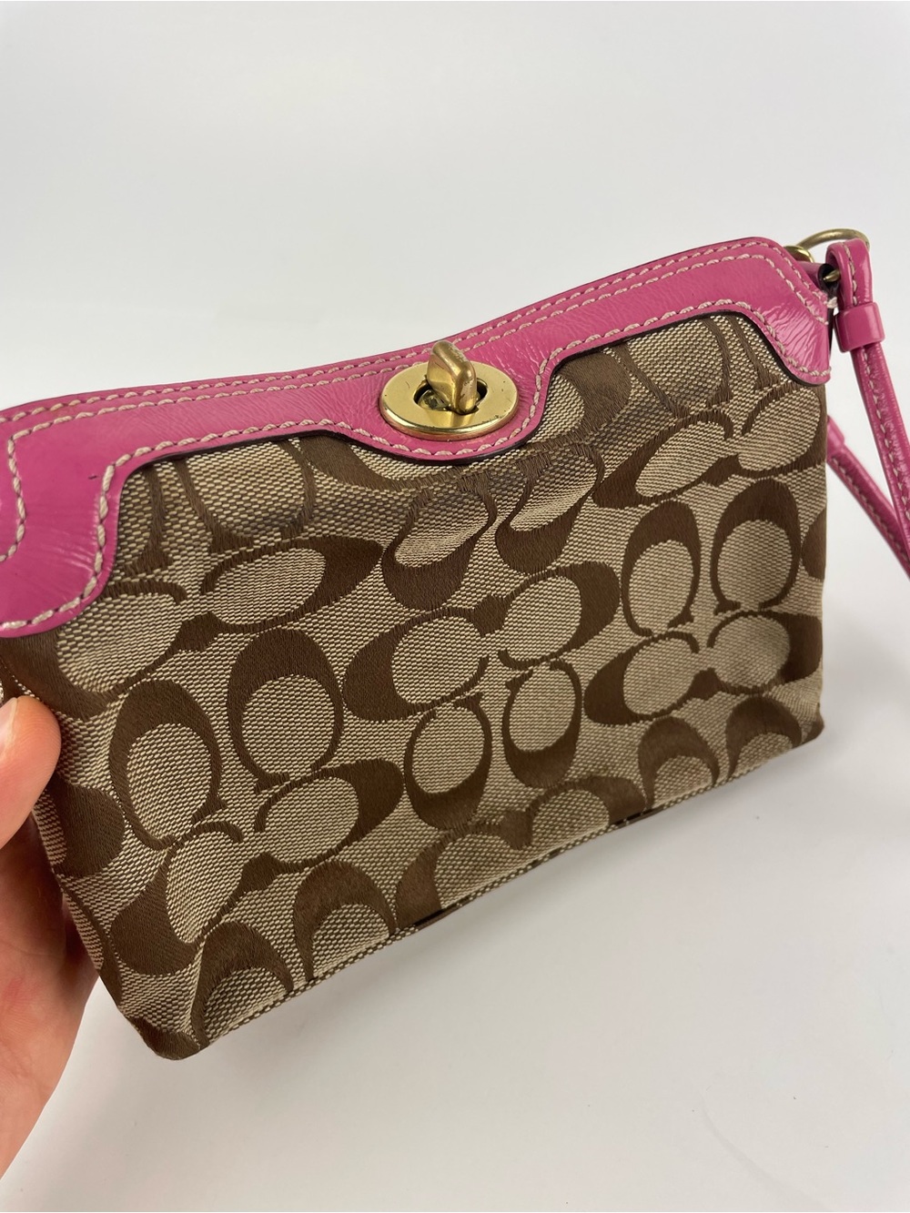 Vintage Y2K Coach Signature Canvas Wristlet Pink Leather Trim Turnlock Pouch